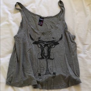 Gray crop top tank top with hipster cow